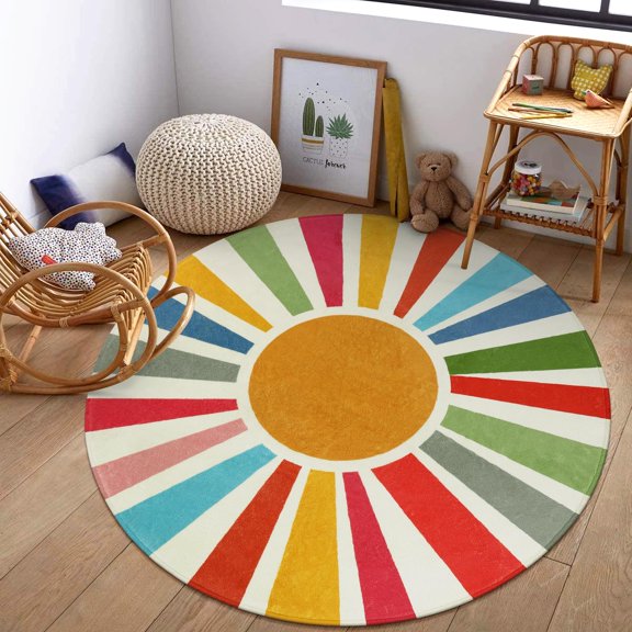 Brythos 6 ft Round Boho Rainbow Rug, Washable Non-Slip Circular Carpet for Kids Playroom Bedroom