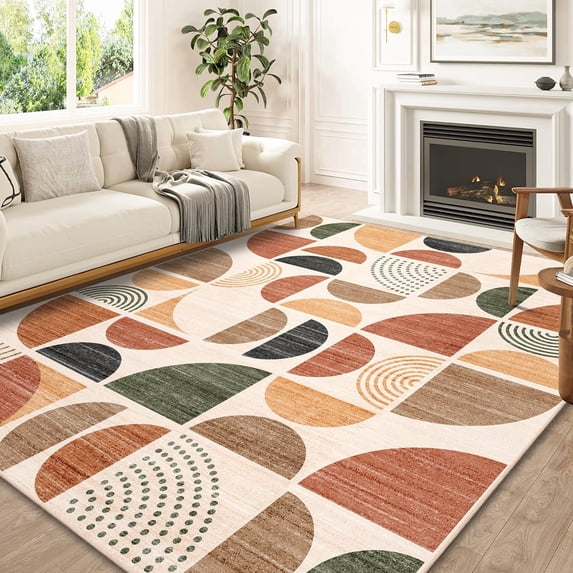 Brythos 8x10 Washable Area Rug, Boho Abstract Terracotta Design, Non-Slip Soft Large Carpet for Living Room Bedroom Dining Room