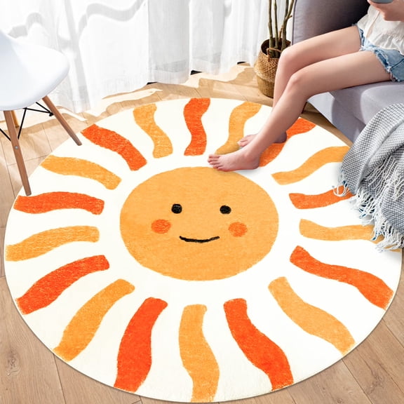 Brythos Boho Sun Area Rug 4 ft Round, Modern Abstract Sunshine Kids Play Mat for Boys Girls Bedroom Playroom, Circle Nursery Carpet for Children Classroom Living Room Decor