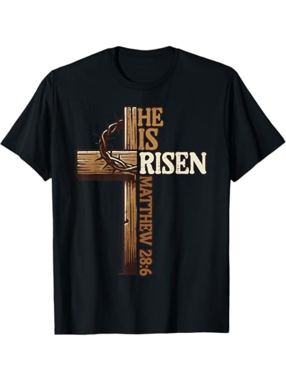 Christian Men Women Easter T-Shirt Black English Text He Is Risen Jesus
