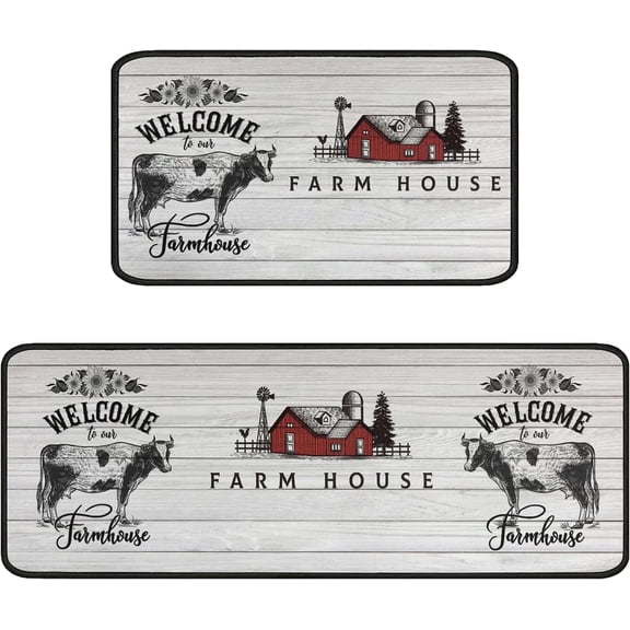 Brythos Cow Print Farmhouse Kitchen Mat Set 2 Piece with Rubber Backing Non Slip Waterproof Floor Mats 17x30 and 17x48 Inch