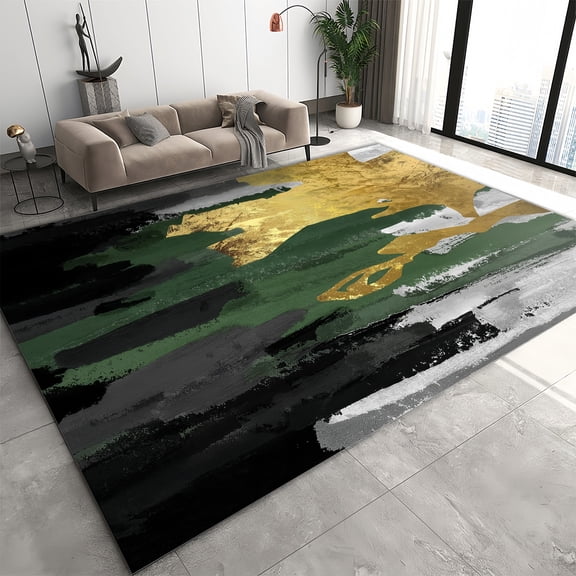 Brythos Emerald Green Area Rug with Black Gold Accents, 2x3 ft Modern Washable Anti-Slip Carpet for Living Room Bedroom Entryway Kitchen Home Decor
