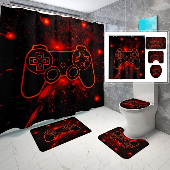 Brythos Game Shower Curtain Set 4 Pcs, 70x70 inches Gamer Bathroom Set with Rugs and 12 Hooks for Boys