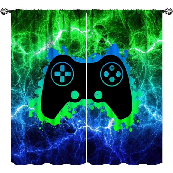 Brythos Gamer Curtains, Video Game Kids Window Drapes, Blue Green Video Game Pattern Window Treatments for Boys Teens Bedroom Playrooms, 2 Panels 21x63 inches