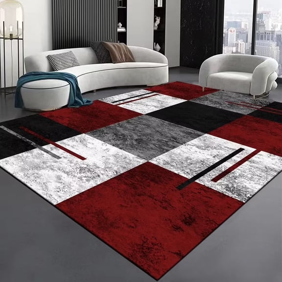 Brythos Geometric Modern Red Black Area Rug, Light Luxury Living Room Carpet for Sofa Chair Beside Mat, Bedroom Floor Decor
