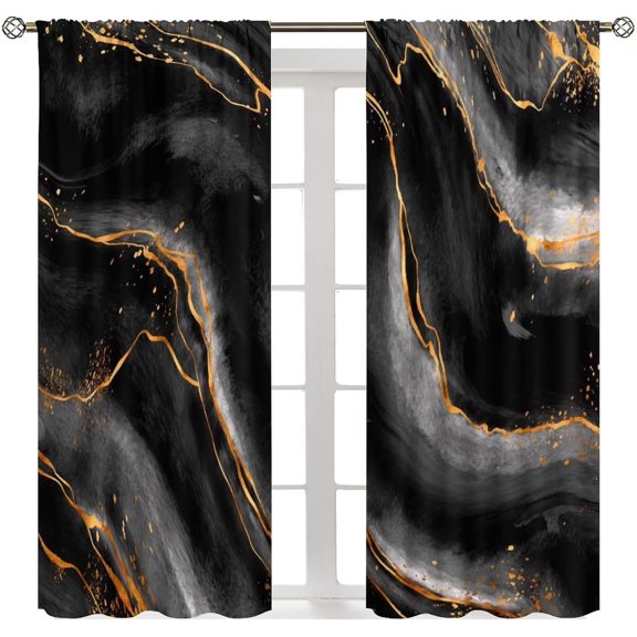 Brythos Gold Diamond Print Curtains, Gold Black Foil Geometric Printed Window Treatments for Living Room Bedroom, Abstract Geometry Patterned Marble Texture Drapes 2 Panel Set, 52x84 inches