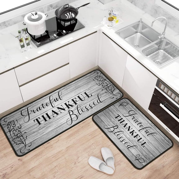 Brythos Grateful Thankful Blessed Kitchen Mat Set, Grey Non Slip Cushioned Rugs, 17x30 & 17x47 Inch