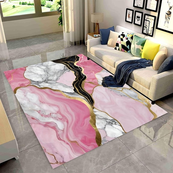 Brythos Luxury Pink Black Marble Design Area Rug 5x7ft Non Slip Washable Non Shedding Pet Friendly Floor Mat for Living Room Kitchen Entryway Decor