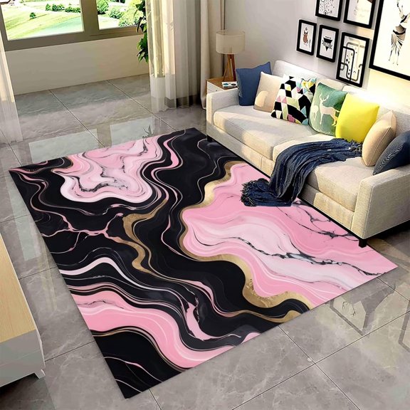 Brythos Marble Area Rug, Luxury Black and Pink Gradient Texture Carpet, Low Pile Print Decorative Mat for Living Room Bedroom, 5x7ft