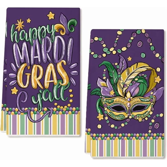 Brythos Mardi Gras Kitchen Towel Set of 2, Purple Mask and Fleur-de-lis Pattern Dish and Hand Towels, Holiday Carnival New Orleans Seasonal Decorations