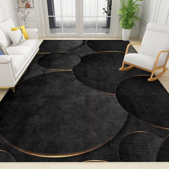 Brythos Modern Abstract Black Round Rug with Gold Edge, Non-Slip Art Indoor Carpet 5x6ft for Living Room Sofa Mat Bedroom Home Decor Floor Mats