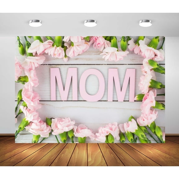 Brythos Mom Pink Letters with Carnation Floral Frame Wood Photo Backdrop 5×3Ft