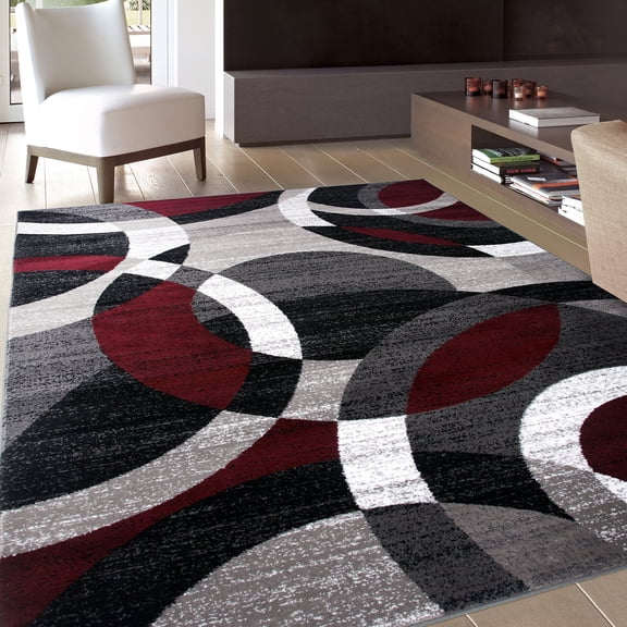 Brythos Red Modern Geometric Indoor Area Rug, Overlapping Circle Pattern, Fade Resistant Non-Shedding Carpet for Living Room Bedroom Home Office, 53 x 73