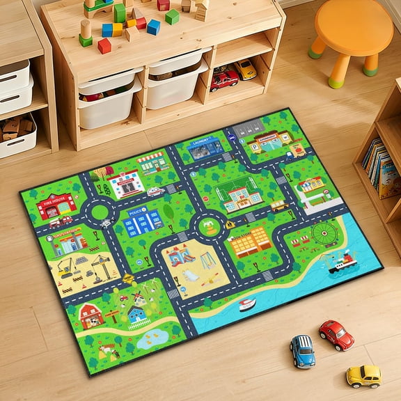 Brythos Road Rug for Kids 2x3 ft, Car Track Road Map Play Mat with City Traffic Learning Design, Smooth Low-Pile TPR Non-Slip Backing Carpet for Playroom