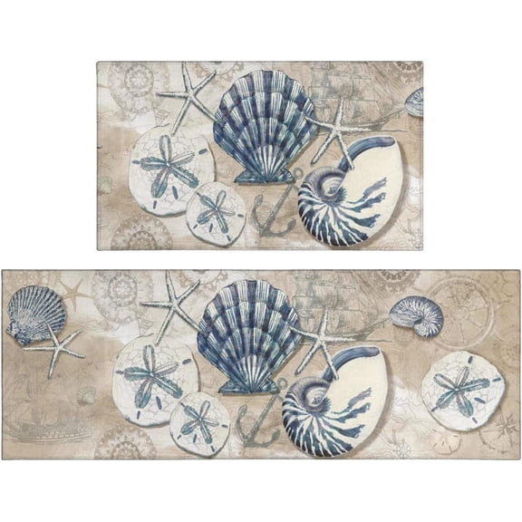 Brythos Seashell Nautical Kitchen Mat Set 2 Piece Non Skid Washable Ocean Theme 17x47 and 17x30 Inch