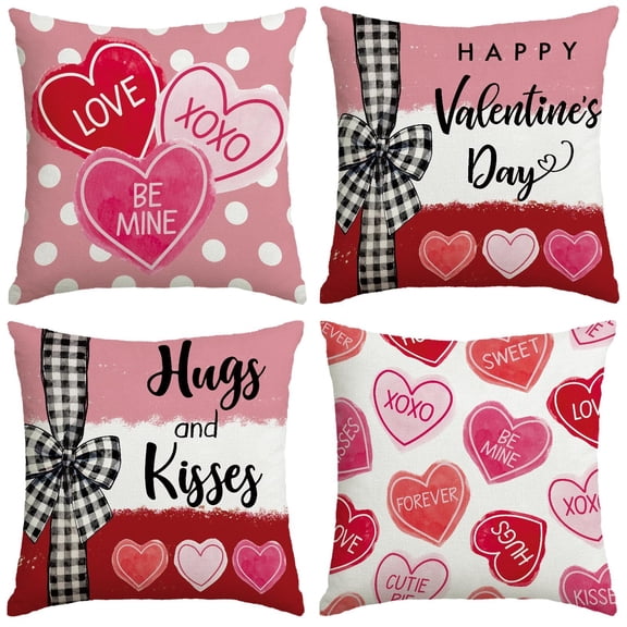 Brythos Set of 4 16x16 inch Valentine’s Day Pillow cases Pink and Red Hearts Polka Dot Plaid Happy Valentine’s Day Decorative Cases