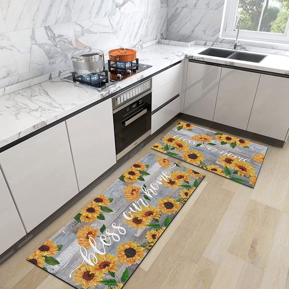 Brythos Sunflower Kitchen Mat Set 2 Piece Farmhouse Anti Fatigue Non Slip Washable 17.3x28 and 17.3x47 Inch