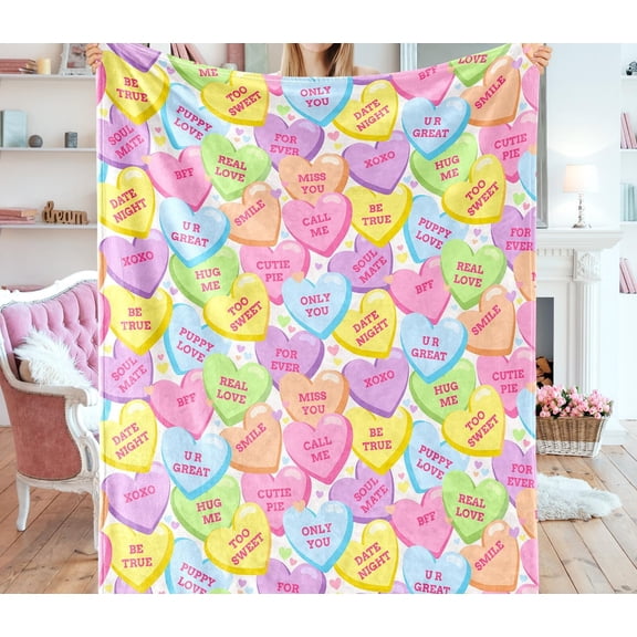 Brythos Valentine's Day Candy Hearts Flannel Throw Blanket, Colorful Cozy Fleece for Bed Sofa and Couch, 50x60 Inches