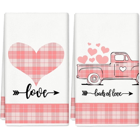 Brythos Valentine's Day Kitchen Towel Set of 2, 18x26 Inch Pink White Plaids with Heart Love Truck Print, Hand Drying Tea Towels for Wedding Anniversary Cooking and Baking