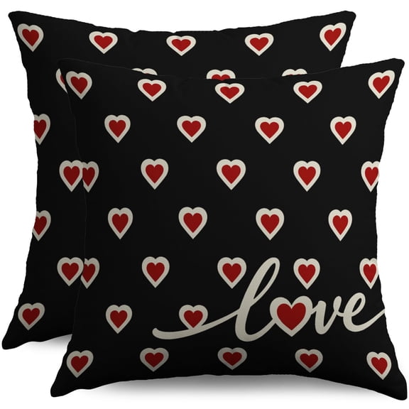 Brythos Valentine's Day Themed Pillow Covers 16x16 inch, Black and Red Color Scheme with Heart Patterns and “love”, for Indoor or Outdoor Decor