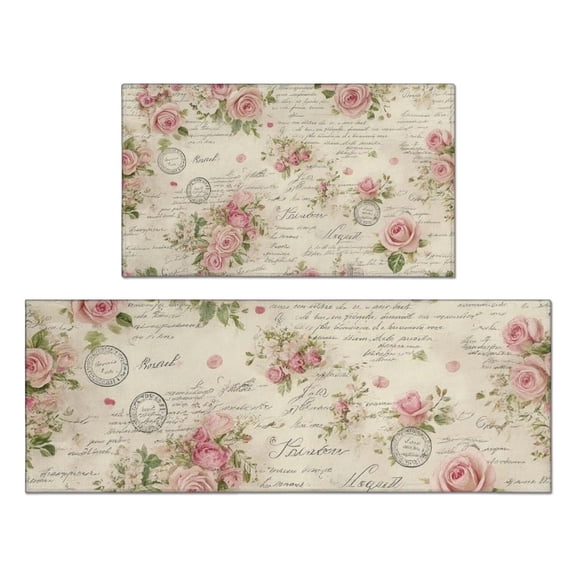 Brythos Vintage Floral Kitchen Rugs Set of 2, Non-Slip Anti-Fatigue Pink Rose Floor Mats, Retro French Script Cushioned Mats for Kitchen, Sink, Laundry Room, Home Decor