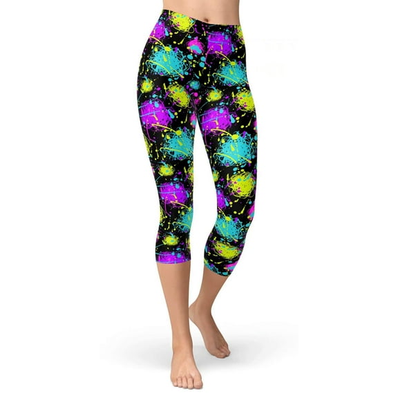Brythos Women's Cropped Leggings - Art Splatter Print Cropped Trousers,Multicolor,XXXXXL
