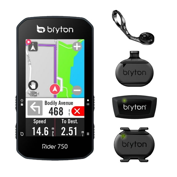 Bryton Rider 750T GPS Cycling Bike Computer Incl. Device, Sport Mount & SPD/CAD/HR Sensors.