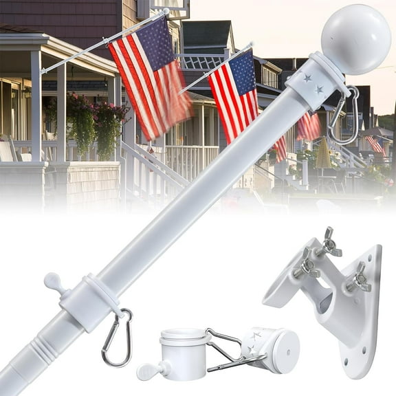 DEROFIT White Flagpole for Outside House, 5ft American Flag Pole Kit with Holder for Porch,Truck,Boat, Tangle Free,1Pack