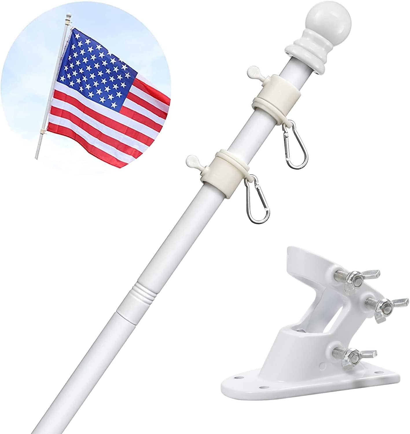 DEROFIT 5ft Stainless Steel Flag Pole for House, Tangle Free Design with Two-Position Bracket, White, for 3x5 American Flag, Outdoor Use