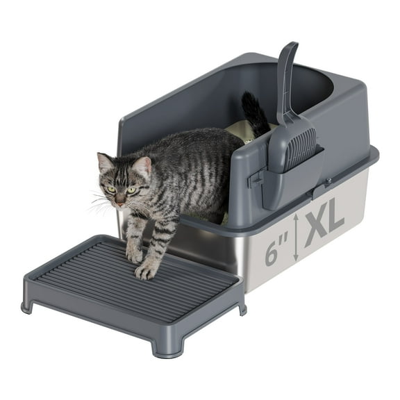 Bsadne Large High-Sided Stainless Steel Multi-Cat Litter Box Set with Lid, Scoop, and Tray, Gray(24''*16''*12'')