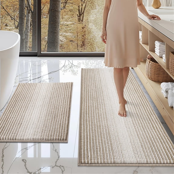 Bsicpro Bath Mat Set of 2, Soft Chenille Absorbent Non-Slip Machine Washable ,Bath Mats for Sink Bathtab,20" x 47"+20" x 32",Light Taupe