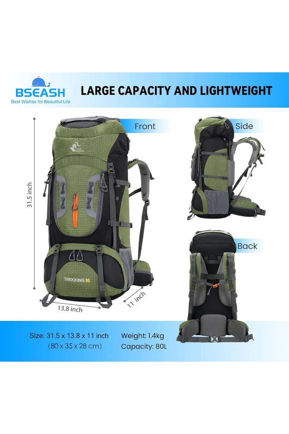 Bseash 80L Waterproof Hiking Camping Backpack with Rain Cover - Army Green