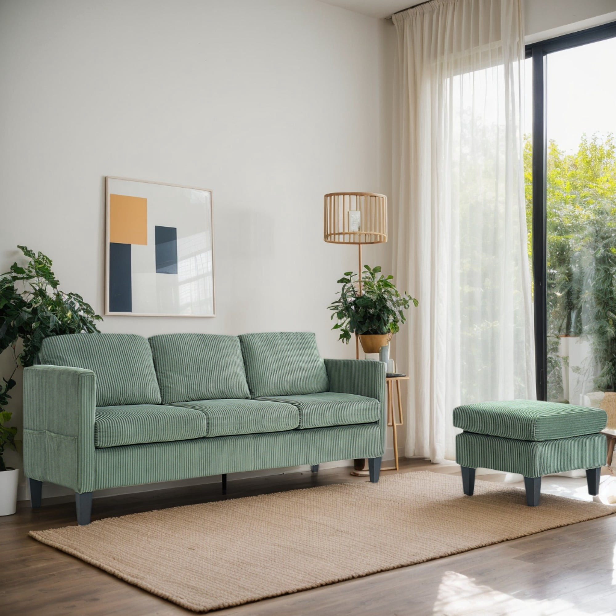BSHTI 88.18" Corduroy L-Shaped Sectional Sofa with Memory Foam, Storage Chaise, Square Arms for Living Room（Olive Green）