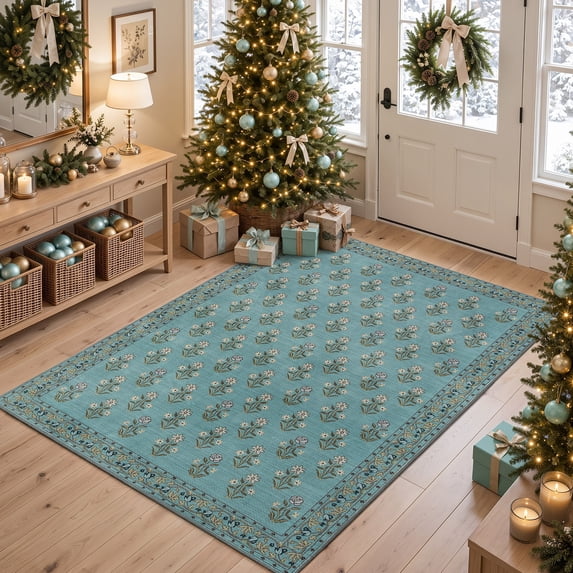 Bsicpro Area Rugs Large 5'x7' Washable, Floral Vintage Carpet for Living Room Bedroom Dining Room,Blue