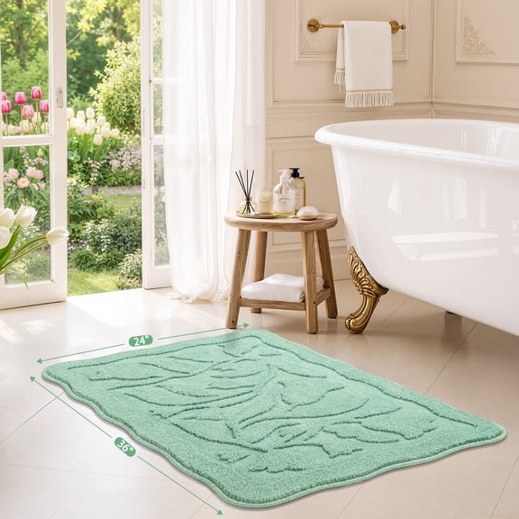 Bsicpro Floral Bath Mat, 24"x36" Non Slip Bathroom Rug, Washable Soft Absorbent Shower Rug for Bathroom Bedroom Decor, Mint Green