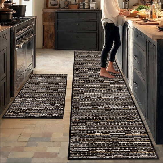Bsicpro Kitchen Rugs and Mats 2 Pieces, Non Skid Anti Fatigue Absorbent Runner Rugs for Sink, Black, 24"x35"+24"x71"