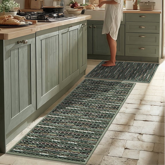 Bsicpro Kitchen Rugs and Mats 2 Pieces, Non Skid Anti Fatigue Absorbent Runner Rugs for Sink, Green, 20"x32"+20"x47"