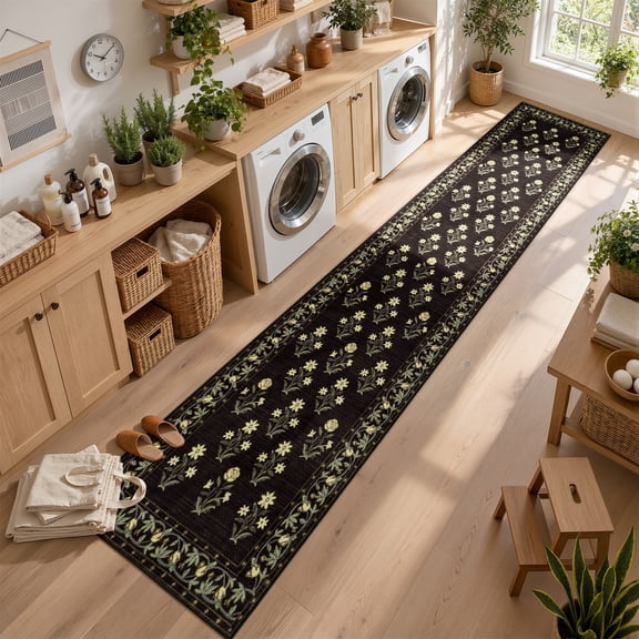 Bsicpro 2.5'x10' Hallway Runner Rug,Vintage Stain Resistant Kitchen Rug Lightweight Living Room Bedroom Carpet,Black