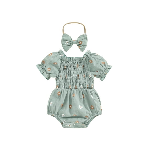 Bslissey 3M 6M 12M 18M Baby Girls Summer Romper Short Puff Sleeve Floral Print Jumpsuit Infant Cute Smocked Bodysuit with Bow Headband Newborn Casual Daily Outfits