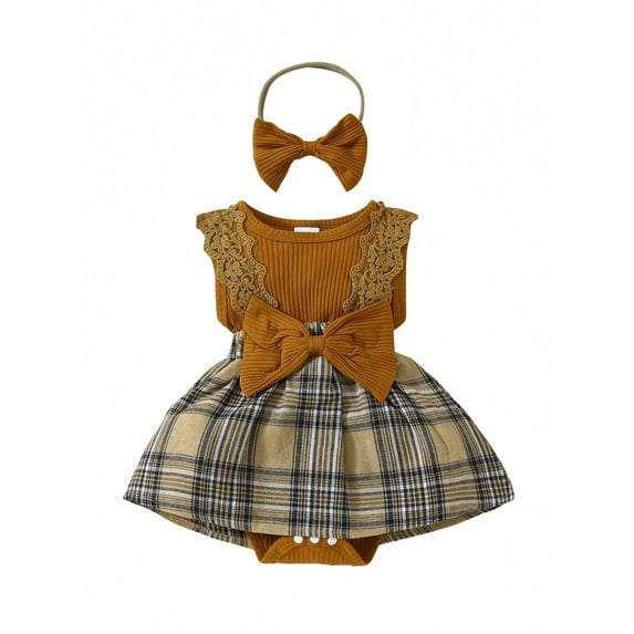 Bslissey 3M 6M 9M 12M 18M Baby Girls Summer Romper Dress Lace Fly Sleeve Plaid Skirt Hem Jumpsuit with Bow Headband Newborn Infant Casual Cute A-line Dress