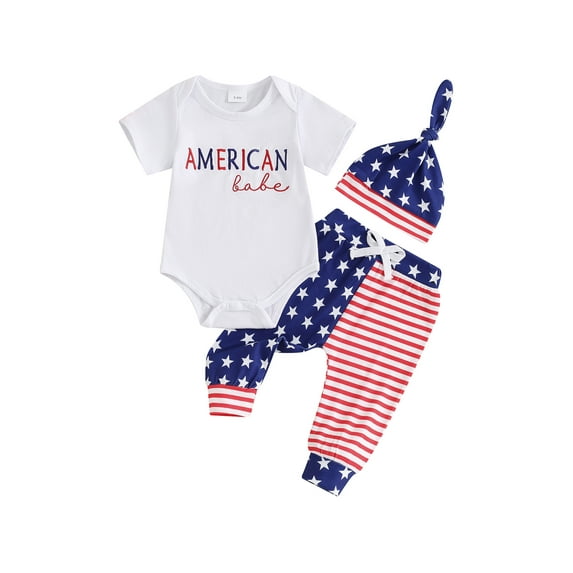 Bslissey 4th of July Baby Boys Long Pants Sets Short Sleeve Letter Embroidered Romper + Stripe Stars Print Trousers + Hat 0-18M Newborn Infant Casual 3Pcs Summer Outfits