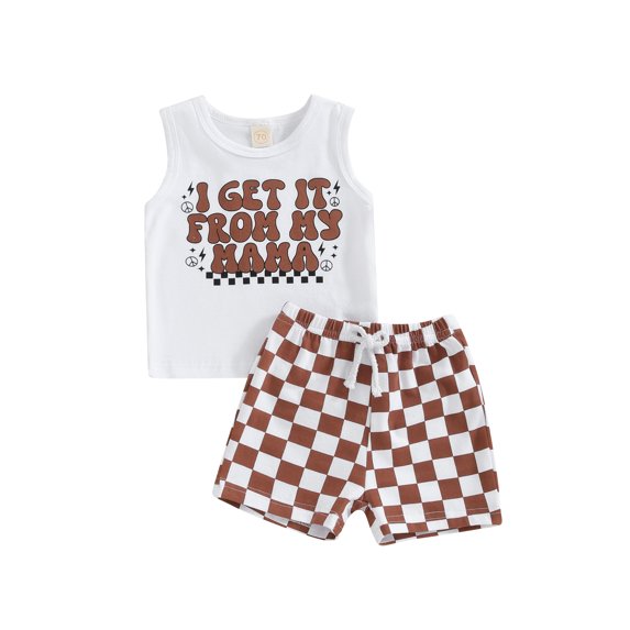 Bslissey 6M 12M 18M 24M 3T Toddler Baby Boy Summer Clothes Sleeveless Letter Print Tank Tops with Checkerboard Print Shorts 2Pcs Outfits Infant Casual Daily Shorts Set
