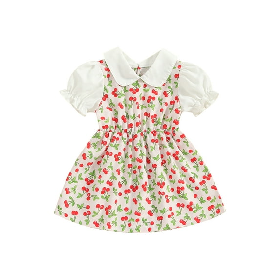 Bslissey 6M 9M 12M 18M 24M 3T Toddler Baby Girls Puff Short Sleeve Dress Doll Collar Strawberry Heart Print A-line Dress Infant Sweet Summer Princess Dress for Daily Party