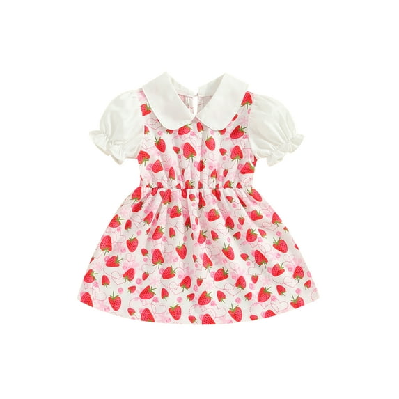 Bslissey 6M 9M 12M 18M 24M 3T Toddler Baby Girls Puff Short Sleeve Dress Doll Collar Strawberry Heart Print A-line Dress Infant Sweet Summer Princess Dress for Daily Party