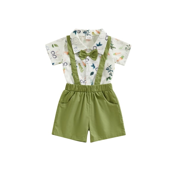 Bslissey Baby Boys Easter 2Pcs Outfits Short Sleeve Bunny Print Button Bowtie Shirt Romper   Suspender Shorts 3M 6M 12M 18M 24M Infant Toddler Summer Gentleman Clothes