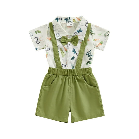 Bslissey Baby Boys Easter 2Pcs Outfits Short Sleeve Bunny Print Button Bowtie Shirt Romper   Suspender Shorts 3M 6M 12M 18M 24M Infant Toddler Summer Gentleman Clothes