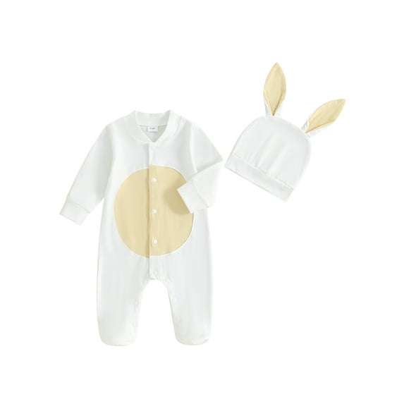 Bslissey Baby Boys Girls 2Pcs Easter Outfits Long Sleeve Stand Collar Print Buttons Footed Jumpsuit with Hat 3M 6M 12M 18M Newborn Infant Spring Fall Cute Daily Clothes