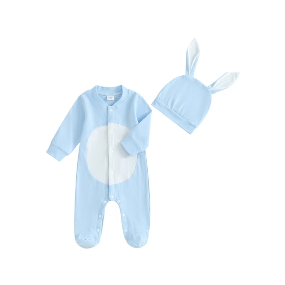 Bslissey Baby Boys Girls 2Pcs Easter Outfits Long Sleeve Stand Collar Print Buttons Footed Jumpsuit with Hat 3M 6M 12M 18M Newborn Infant Spring Fall Cute Daily Clothes
