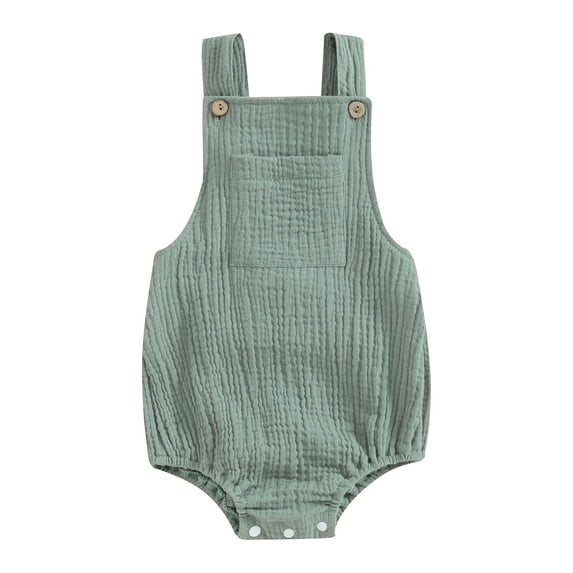 Bslissey Baby Boys Girls Cotton Linen Suspender Overalls Solid Color Sleeveless Bib Pants Infant Toddler Casual Square Neck Rompers Spring Summer Clothes 0-24 Months