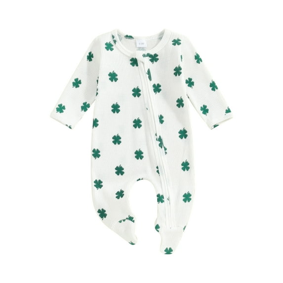 Bslissey Baby Boys Girls Ireland Festivals Footed Jumpsuit 3M 6M 9M 12M Infant Shamrock Print Long Sleeve Zipper Onesie Rompers Newborn Casual Spring Fall Outfit